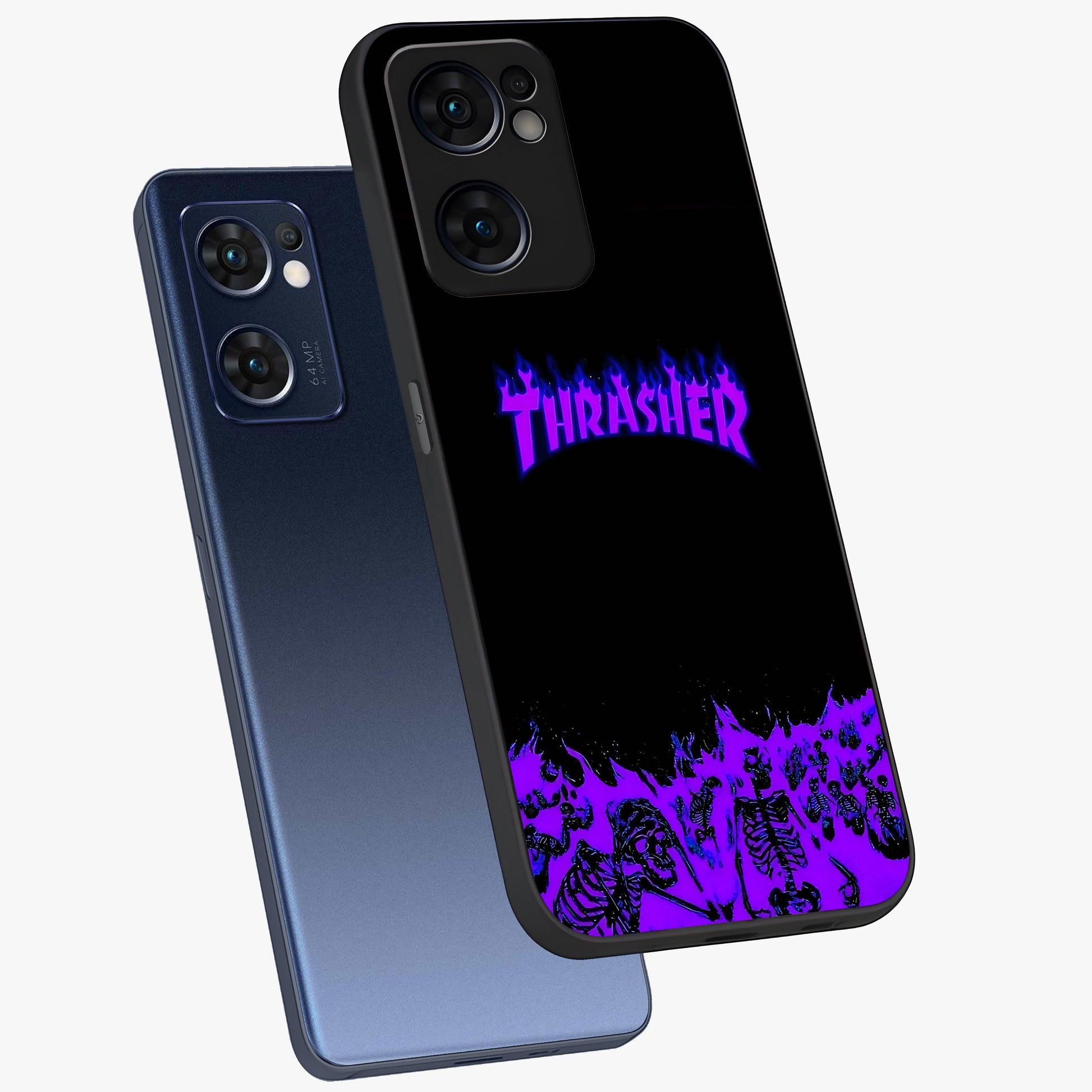 Neon Flame Riot Glass Case displayed in angled mockup highlighting glowing flame design with vibrant neon aesthetic.