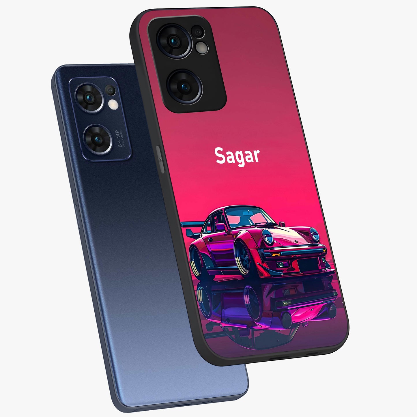 Neon Pink Porsche Glass Case displayed in angled mockup highlighting sleek neon pink car design with racing aesthetic.