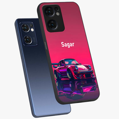 Neon Pink Porsche Glass Case displayed in angled mockup highlighting sleek neon pink car design with racing aesthetic.