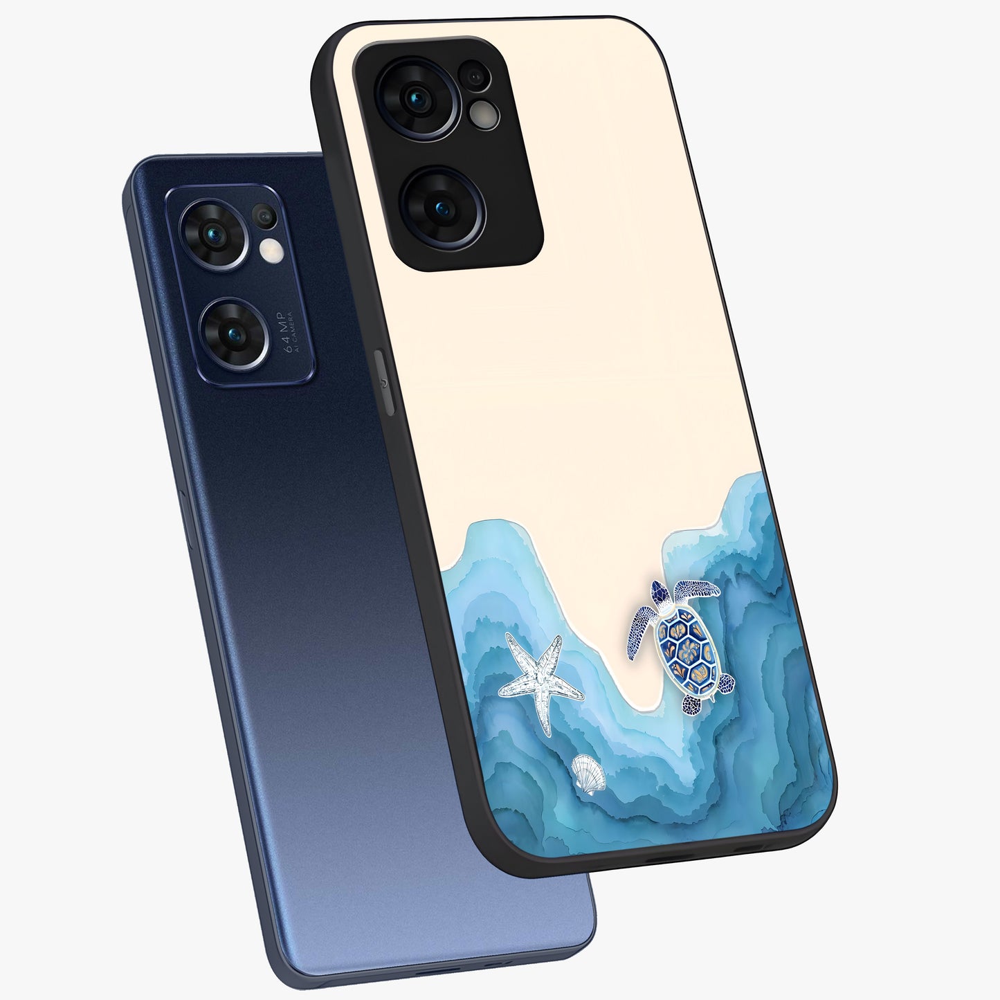 Ocean Drift Turtle Glass Case displayed in angled mockup highlighting peaceful ocean turtle illustration with marine aesthetic.