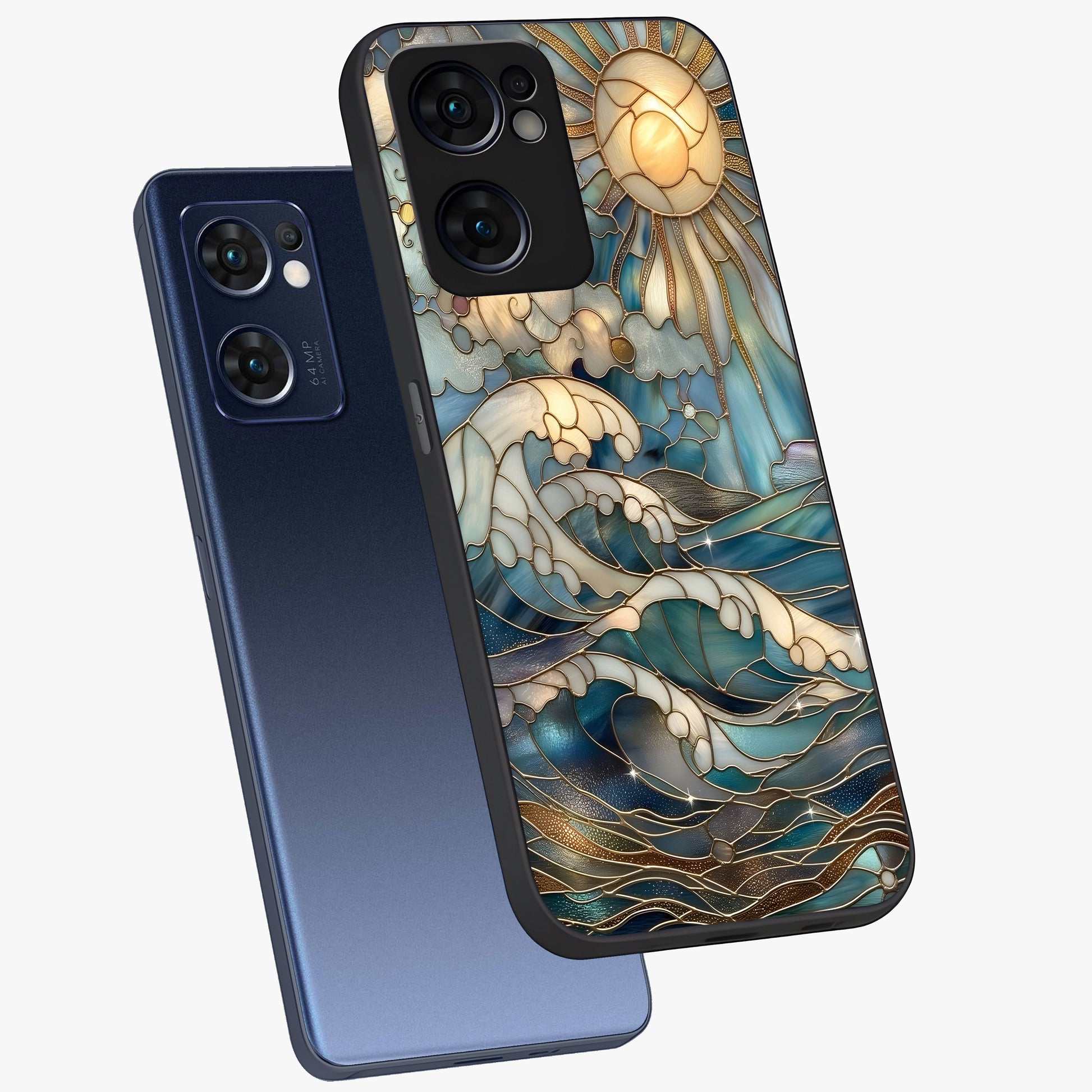 Oceanic Stained Printed Glass Case displayed in angled mockup highlighting colorful aquatic design with artistic aesthetic style.