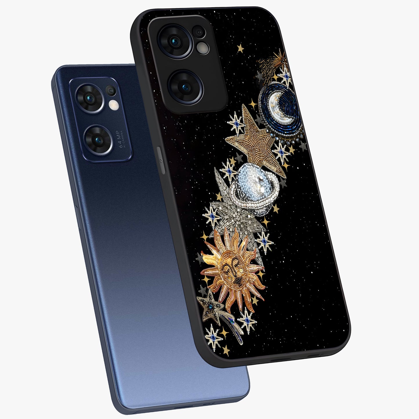 Pearls Universe Object Glass Case displayed in angled mockup highlighting celestial pearl design with dreamy aesthetic.