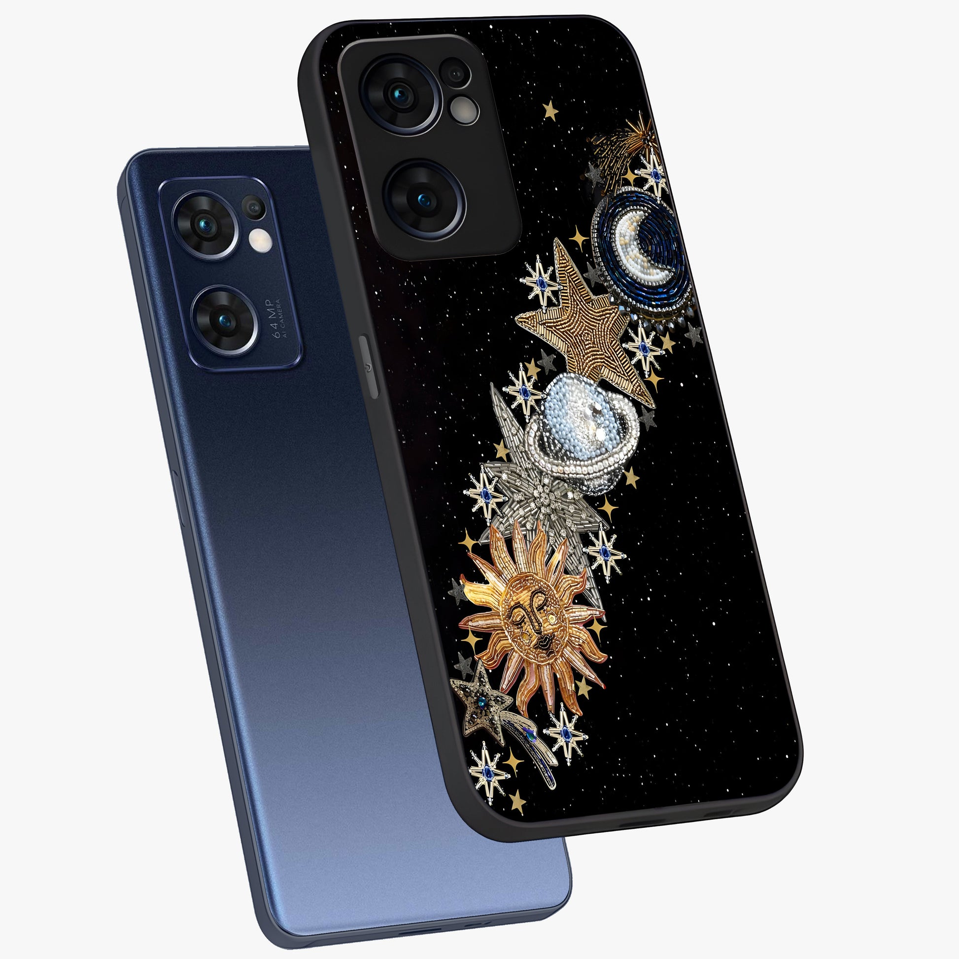 Pearls Universe Object Glass Case displayed in angled mockup highlighting celestial pearl design with dreamy aesthetic.