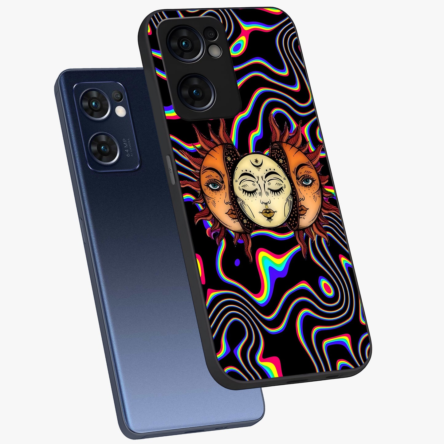 Psychedelic Sun Glass Case displayed in angled mockup highlighting vibrant abstract sun design with artistic aesthetic style.