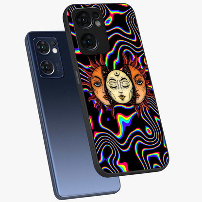 Psychedelic Sun Glass Case displayed in angled mockup highlighting vibrant abstract sun design with artistic aesthetic style.