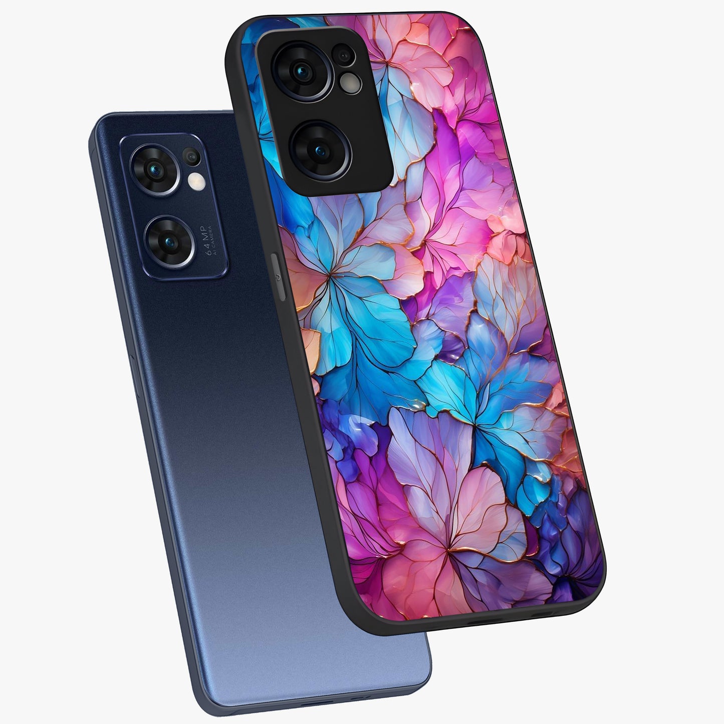 Radiant Floral Whirl Glass Case displayed in angled mockup highlighting vibrant flower pattern with dynamic artistic aesthetic.