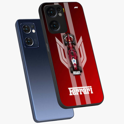 Red Ferrari F1 Vertical Glass Case displayed in angled mockup highlighting high speed racing design with bold automotive aesthetic.
