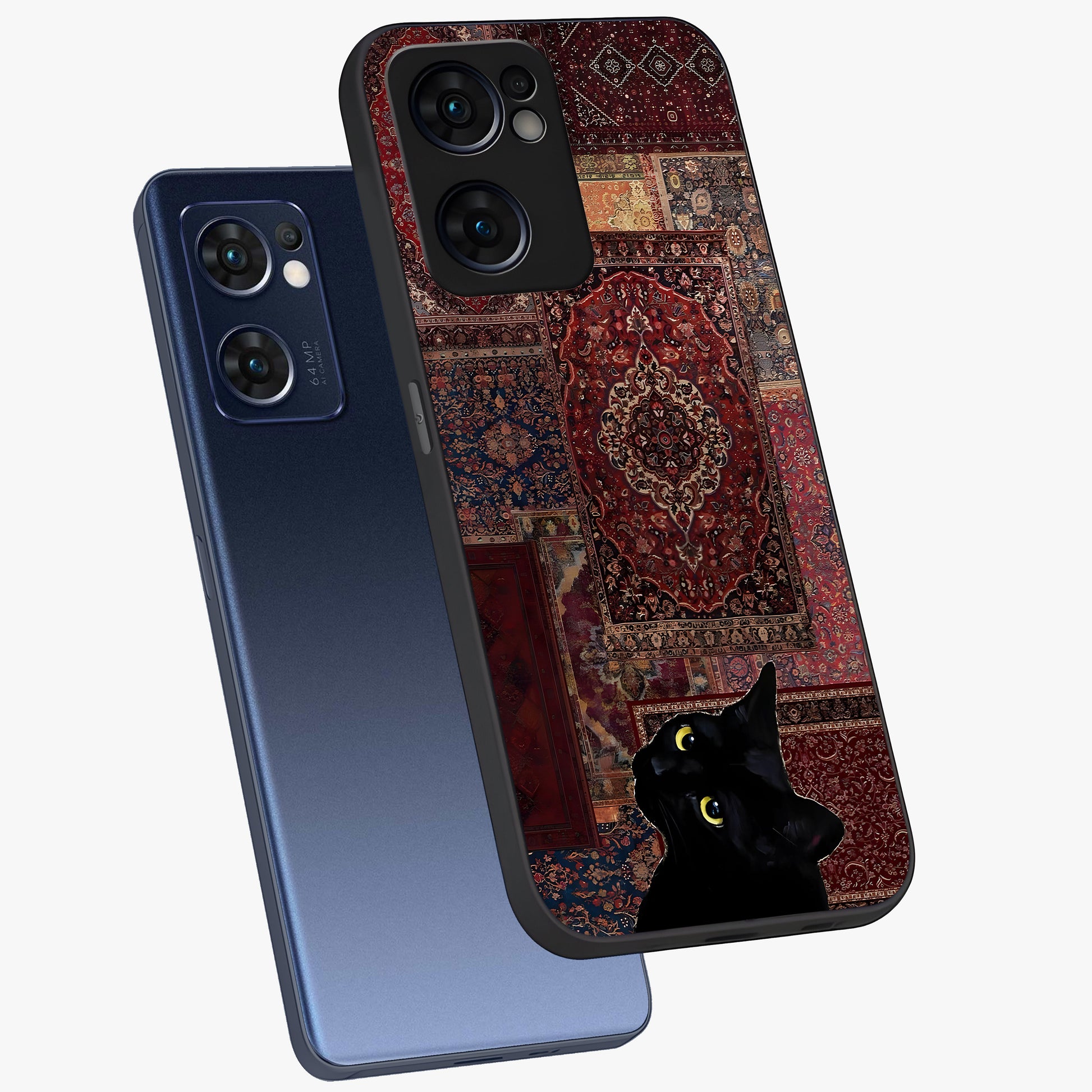 Regal Magic Cat Apple Glass Case displayed in angled mockup highlighting whimsical feline design with fantasy aesthetic.