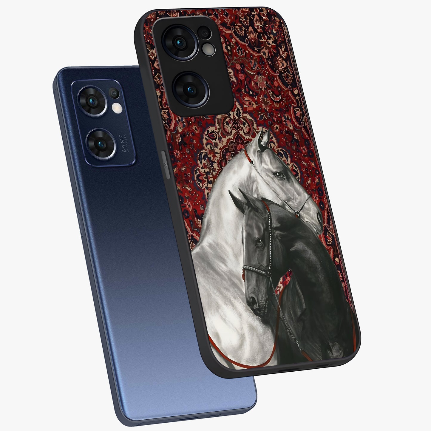Regal Stallion Tapestry Glass Case displayed in angled mockup highlighting royal stallion design with decorative heritage aesthetic.