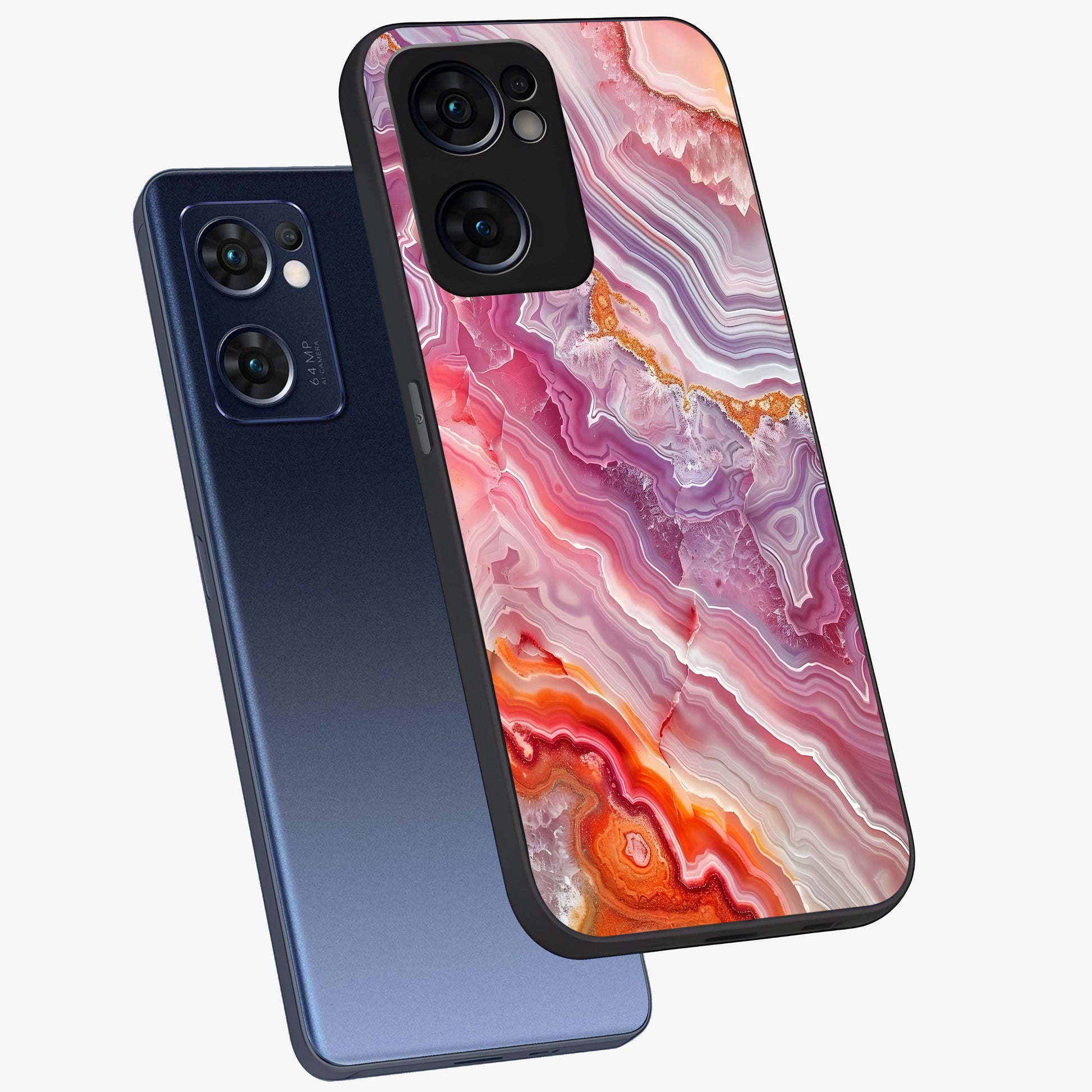 Rose Quartz Marble Glass Case displayed in angled mockup highlighting elegant marble pattern with soft aesthetic style.