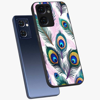 Royal Peacock Feathers Glass Case displayed in angled mockup highlighting vibrant feather pattern with regal aesthetic style.