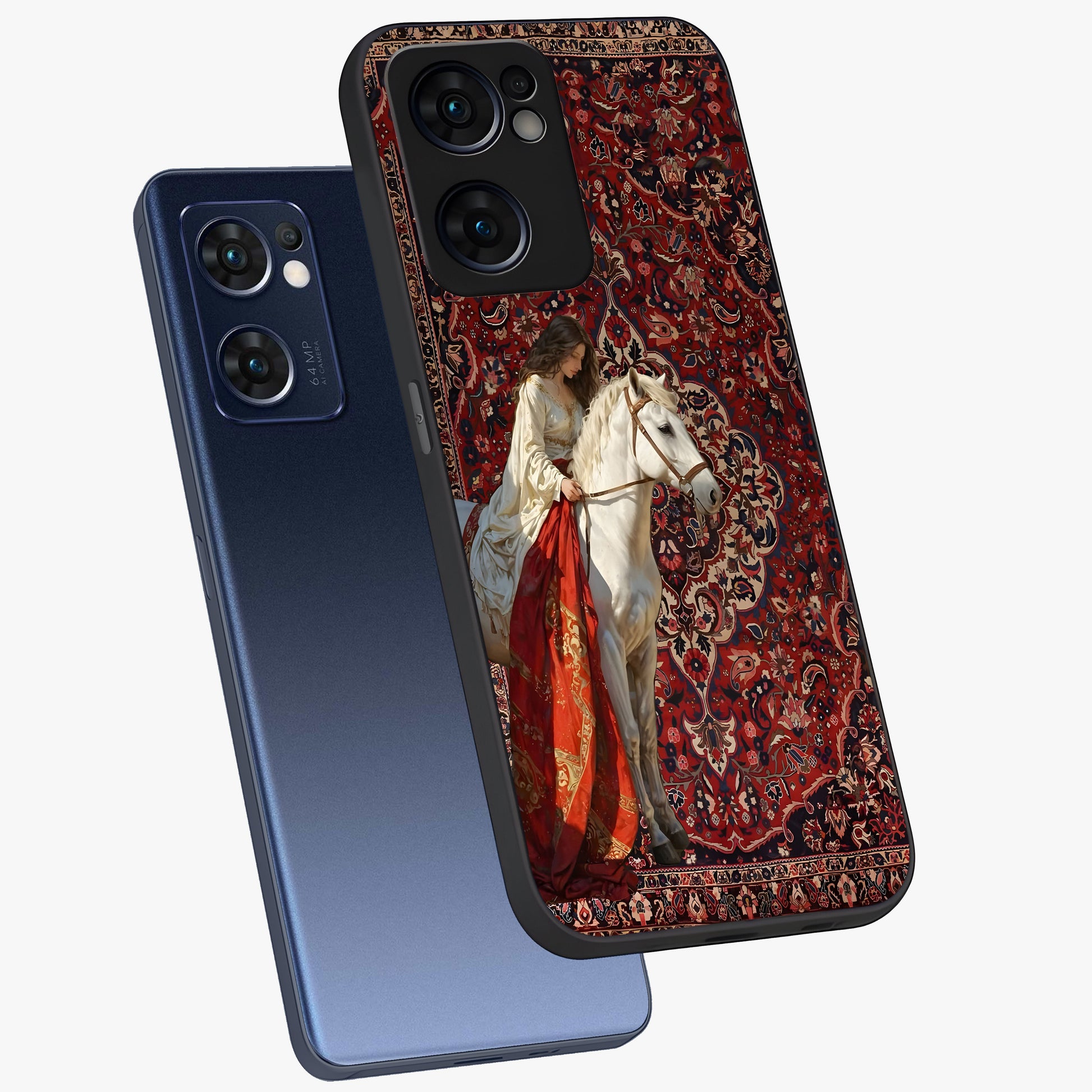 Royal Rider Tapestry Glass Case displayed in angled mockup highlighting traditional tapestry design with royal heritage aesthetic.