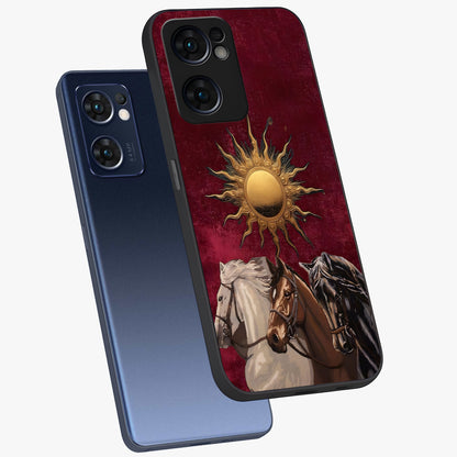 Solar Riders Glass Case displayed in angled mockup highlighting powerful rider illustration with radiant solar aesthetic.