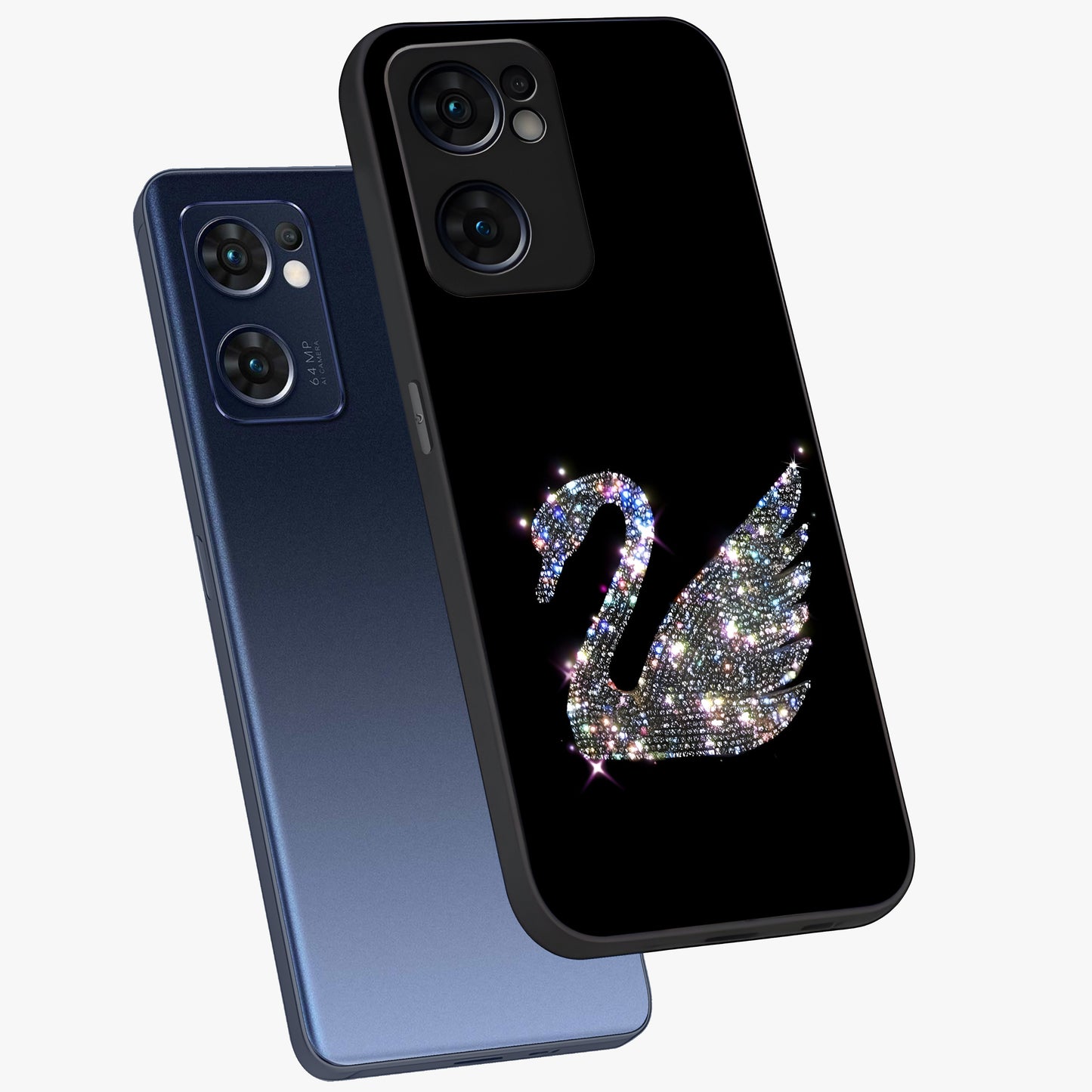 Starlit Swan Grace Glass Case displayed in angled mockup highlighting elegant swan illustration with dreamy celestial aesthetic.