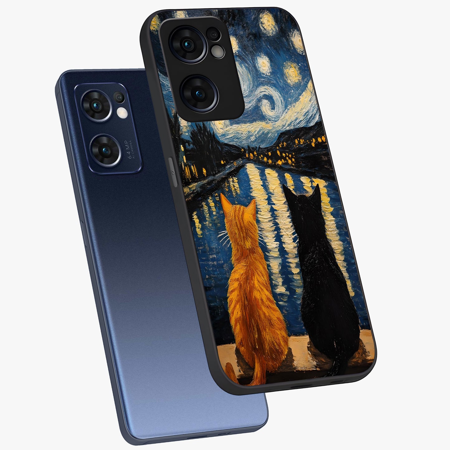 Starry River Cats Glass Case displayed in angled mockup highlighting charming feline illustration with dreamy night aesthetic.