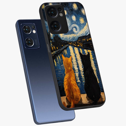 Starry River Cats Glass Case displayed in angled mockup highlighting charming feline illustration with dreamy night aesthetic.
