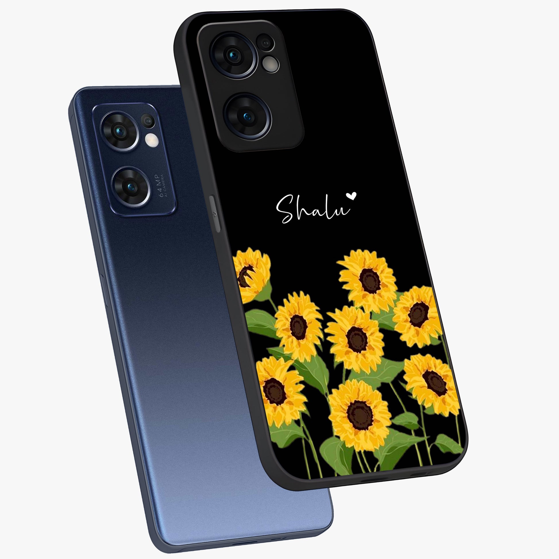 Sunflower Chic Mood Custom Name Glass Case displayed in angled mockup highlighting vibrant sunflower design with custom name feature.