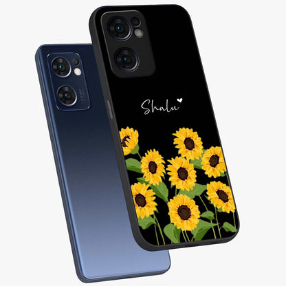 Sunflower Chic Mood Custom Name Glass Case displayed in angled mockup highlighting vibrant sunflower design with custom name feature.