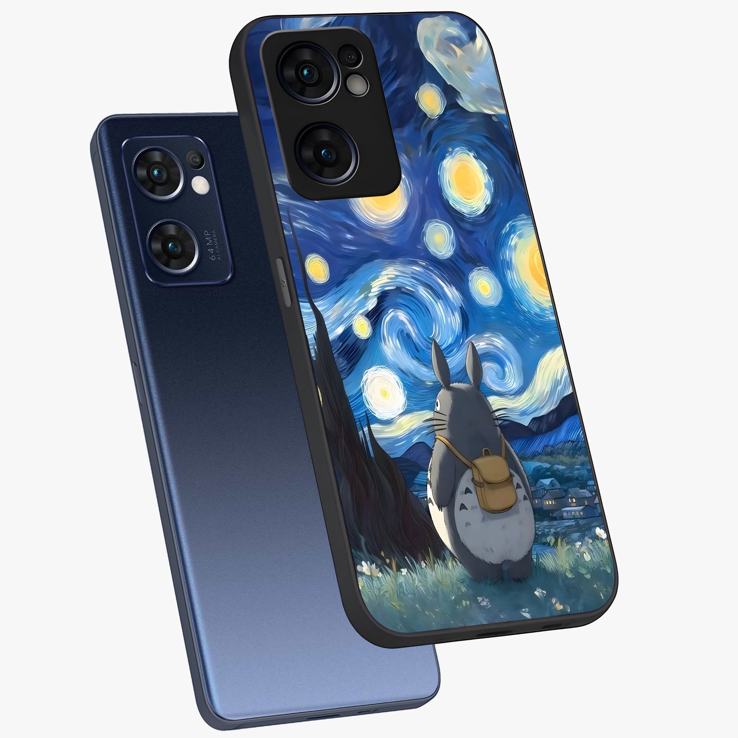 Totoro In Van Gogh Art Glass Case displayed in angled mockup highlighting artistic swirling sky design with playful animation aesthetic.