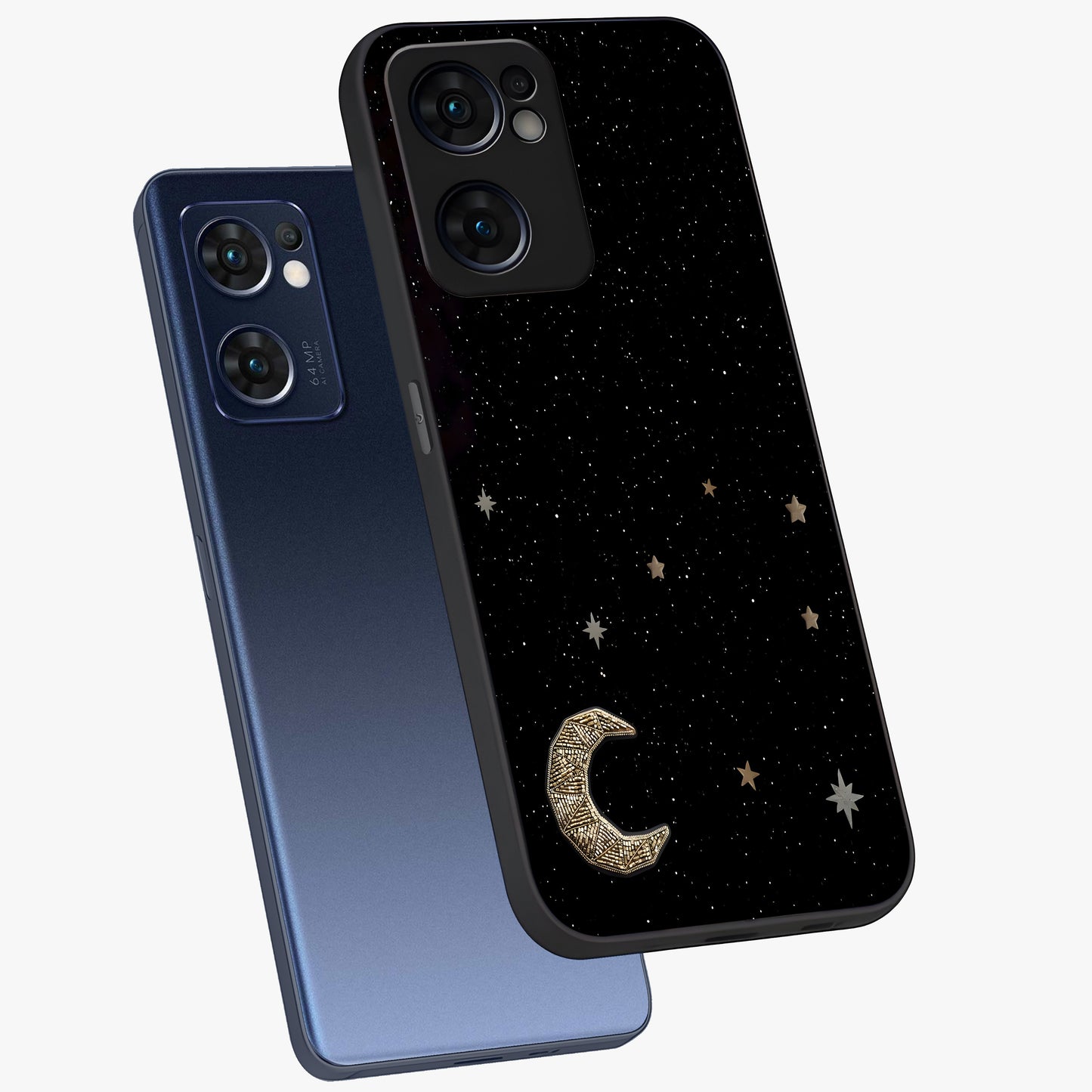 Twinkle Star With Half Moon Glass Case displayed in angled mockup highlighting celestial moon and star design with magical aesthetic.