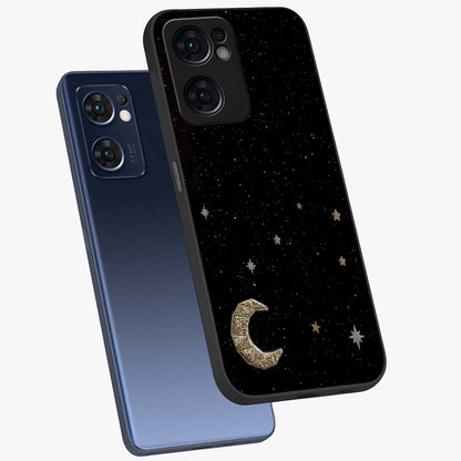 Twinkle Star With Half Moon Glass Case displayed in angled mockup highlighting celestial moon and star design with magical aesthetic.