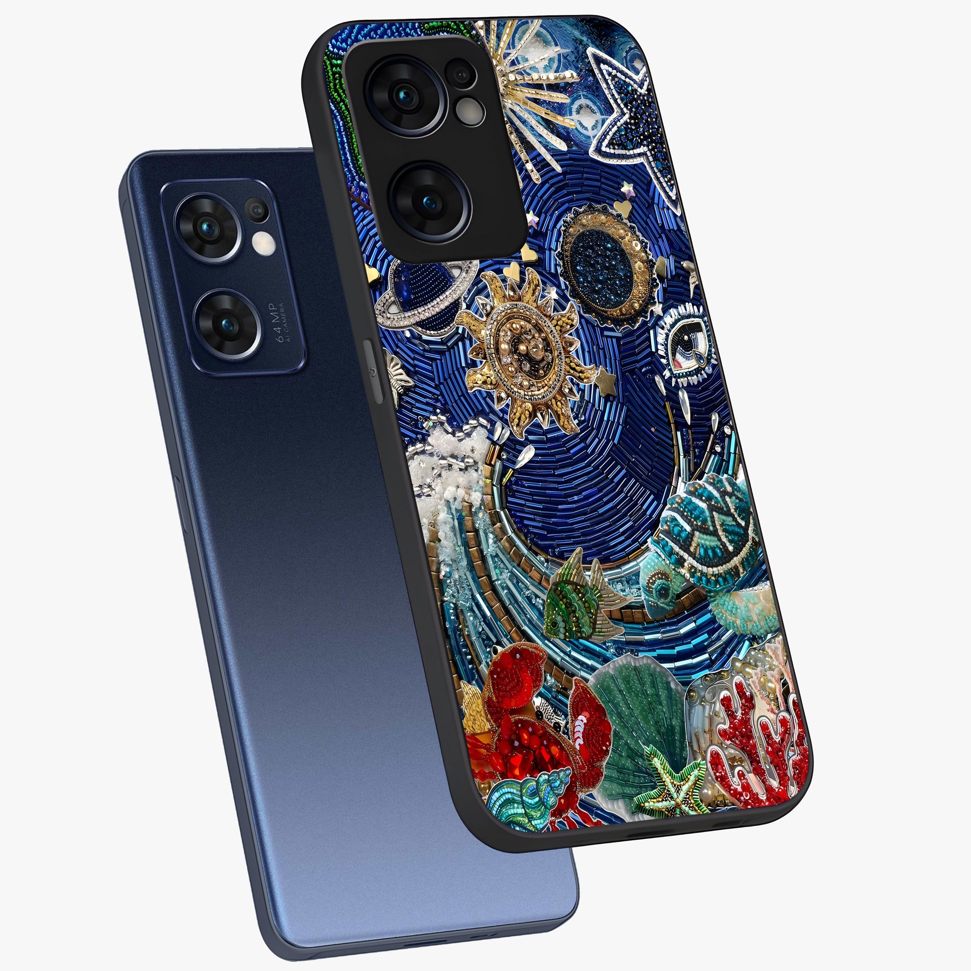 Universe Underwater Spark Glass Case displayed in angled mockup highlighting glowing aquatic design with celestial aesthetic.