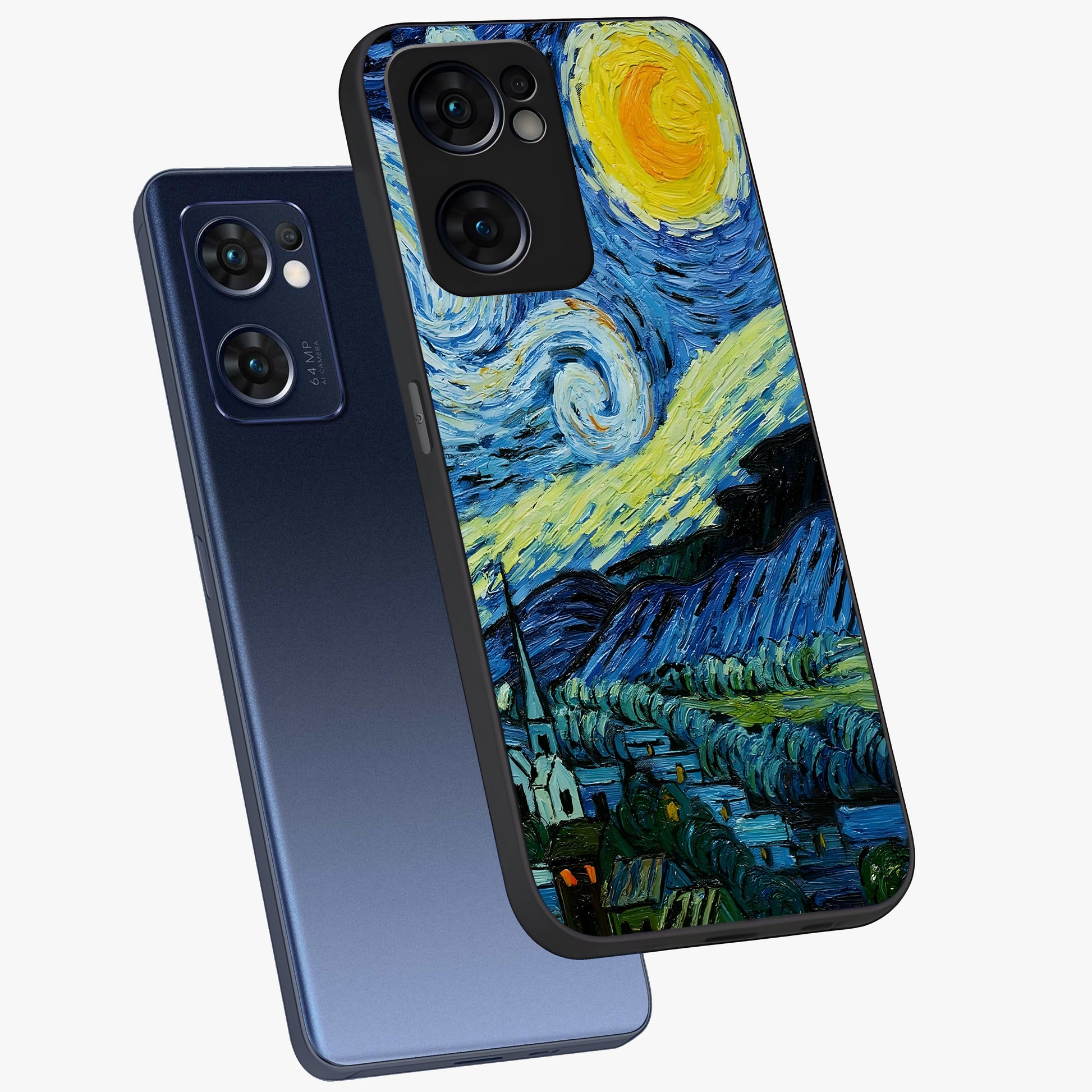 Van Gogh Art Glass Case displayed in angled mockup highlighting swirling brushstroke design with artistic aesthetic.