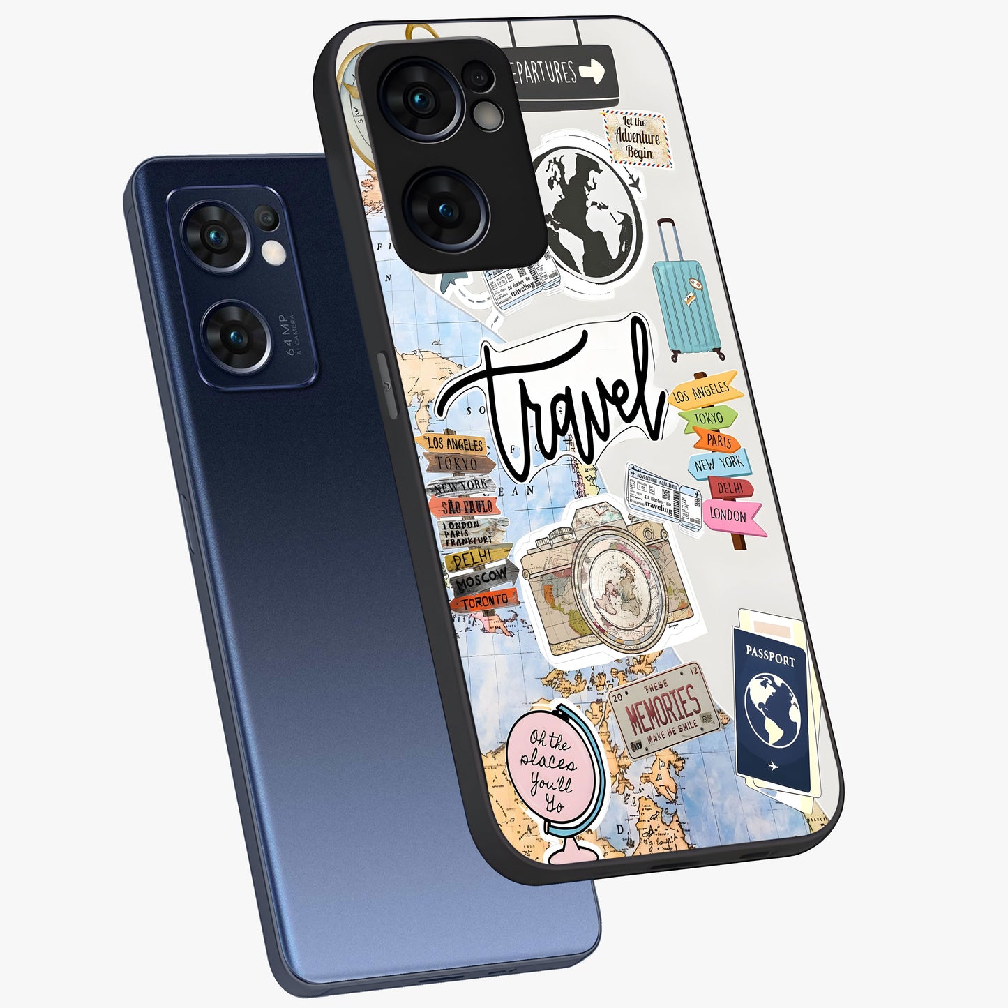 Wanderlust Journal Glass Case displayed in angled mockup highlighting adventure themed design with aesthetic travel vibe.