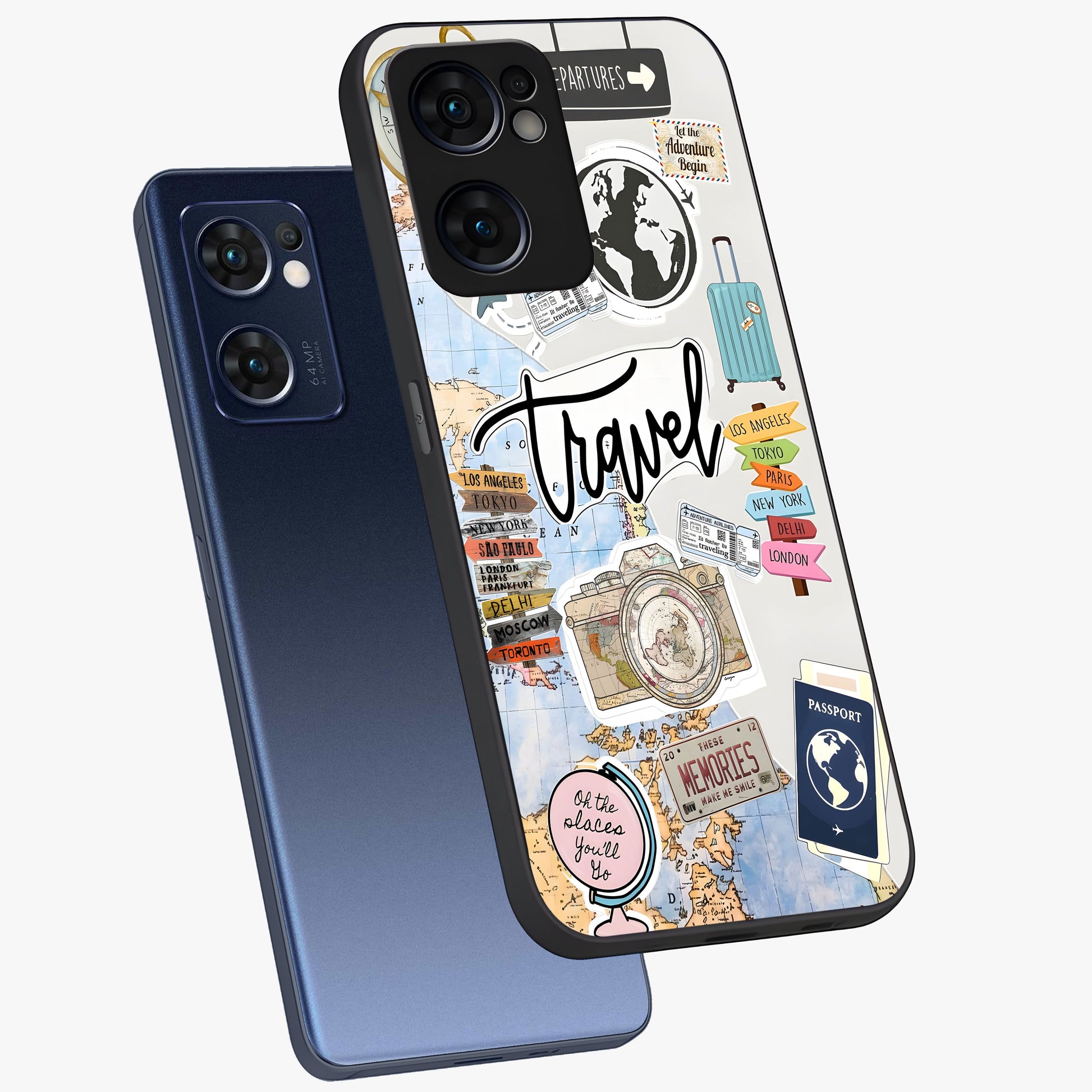 Wanderlust Journal Glass Case displayed in angled mockup highlighting adventure themed design with aesthetic travel vibe.