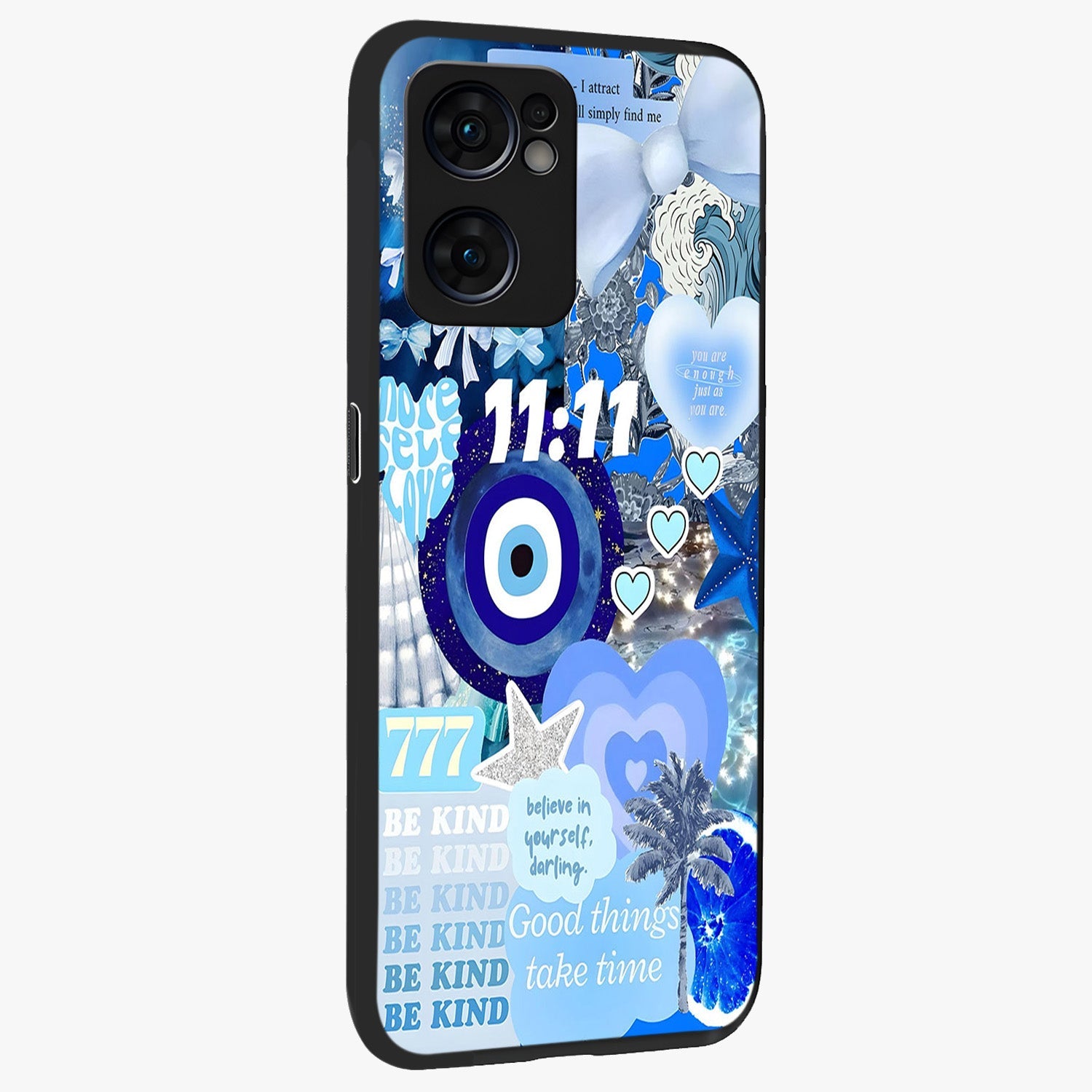 Aesthetic Be Kind Eye Glass Case upright view showcasing stylish eye illustration with positive message theme.