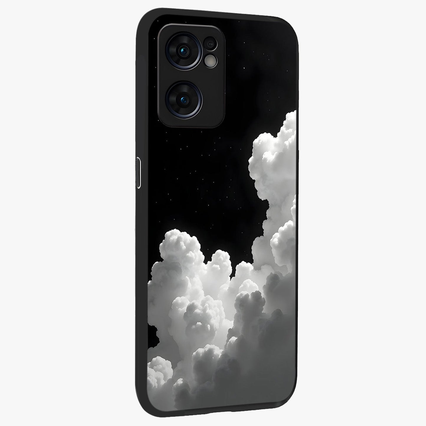 Black Background With White Cloud Glass Case upright view showcasing calm cloud aesthetic with modern minimal style.