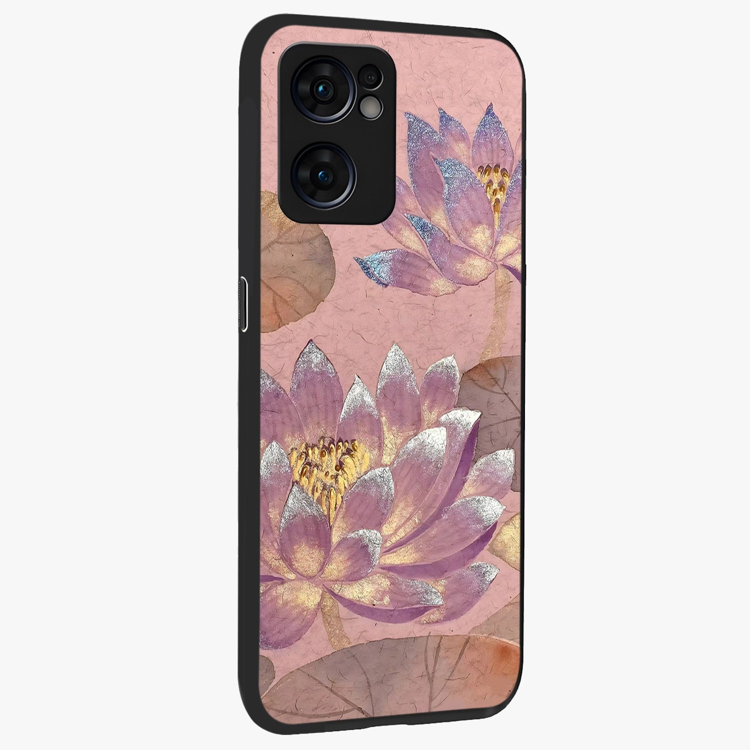 Blossom Mist Lotus Glass Case upright view showcasing graceful lotus flower design with peaceful botanical style.