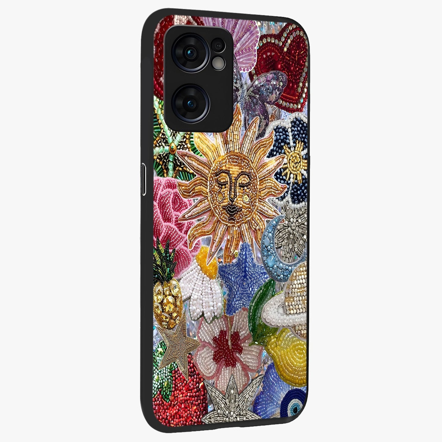 Celestial Floral and Playful Glass Case upright view showcasing whimsical floral artwork with cosmic aesthetic theme.