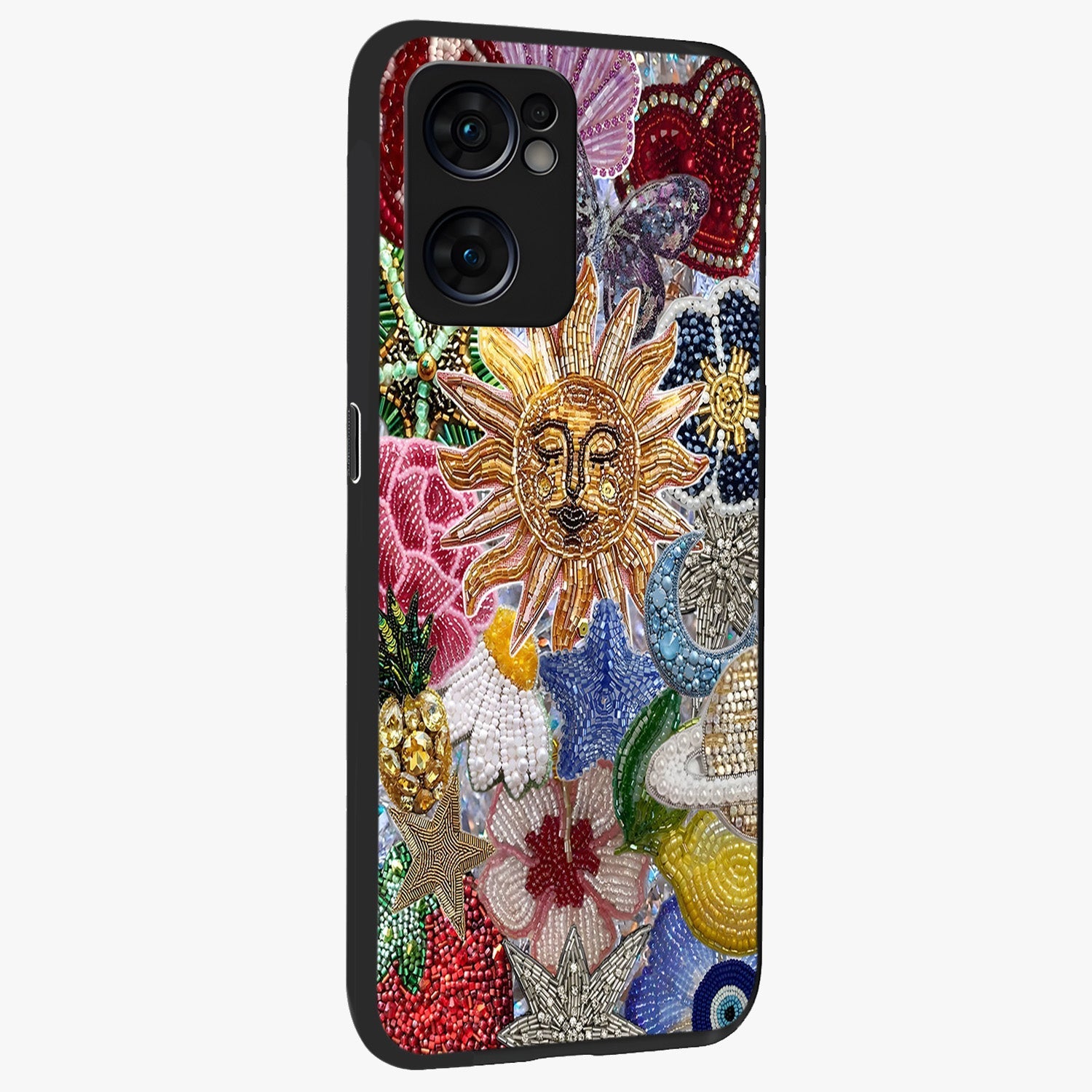 Celestial Floral and Playful Glass Case upright view showcasing whimsical floral artwork with cosmic aesthetic theme.