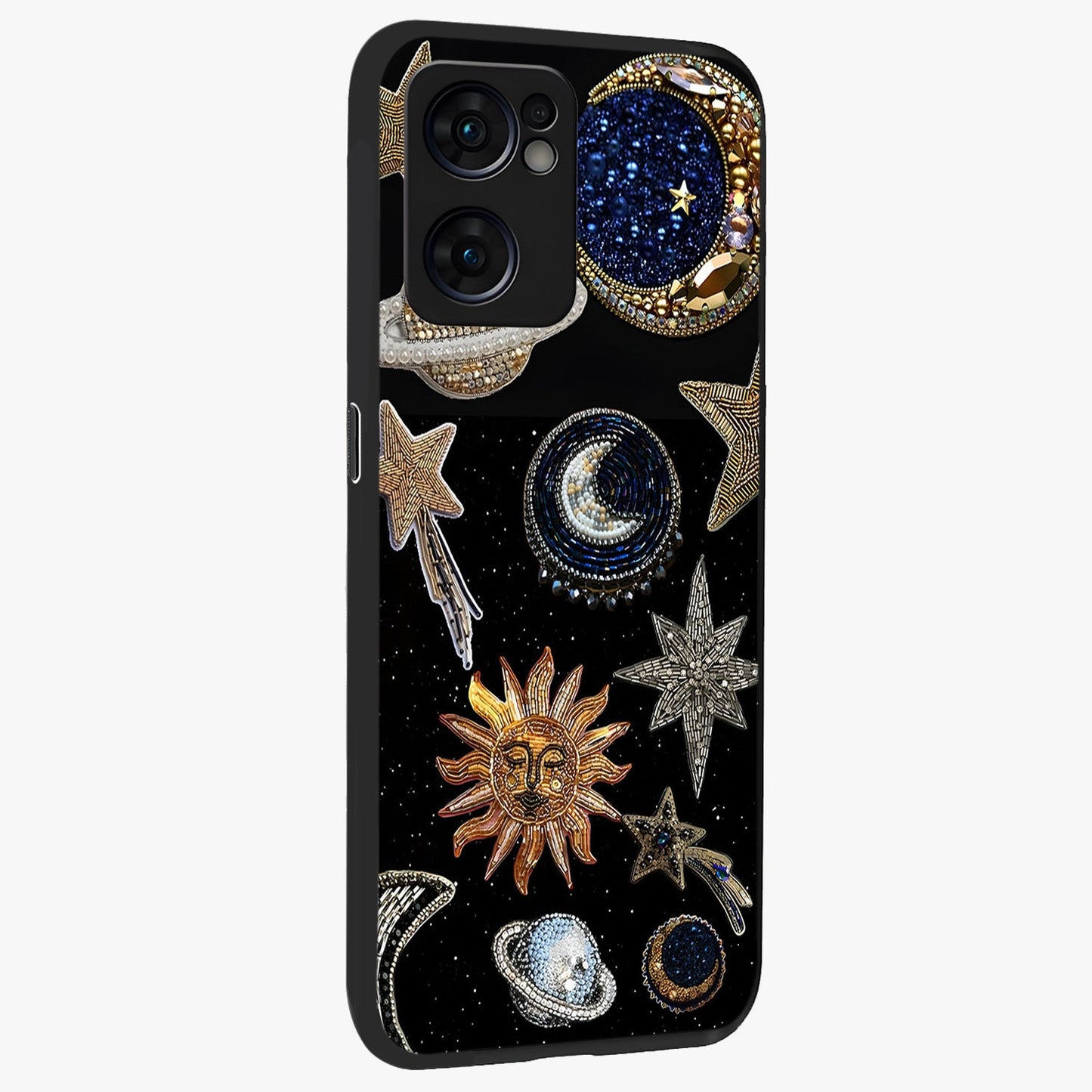 Celestial Gem Constellations Glass Case upright view showcasing cosmic constellation artwork with celestial aesthetic style.