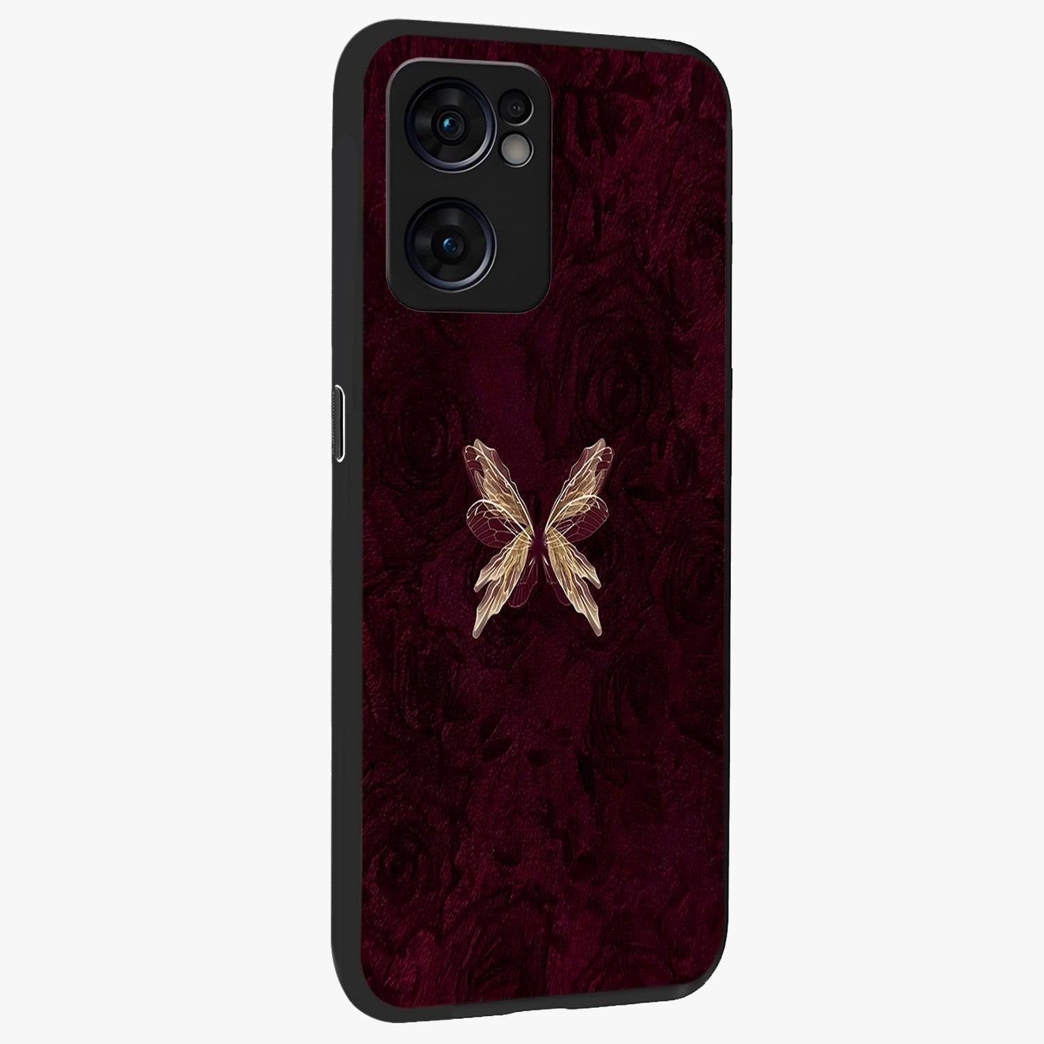Crimson Fade Butterfly Glass Case upright view showcasing graceful butterfly artwork with soft crimson fade effect.