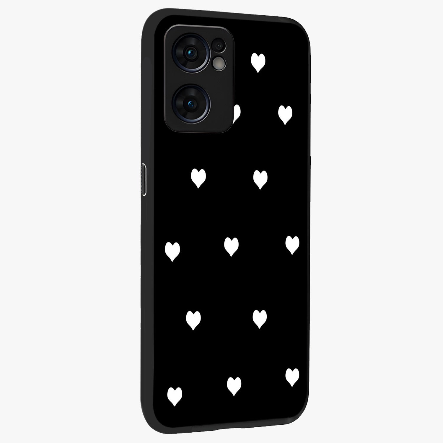 Cute And Simple White Hearts Glass Case upright view showcasing simple white hearts artwork with soft minimal theme.