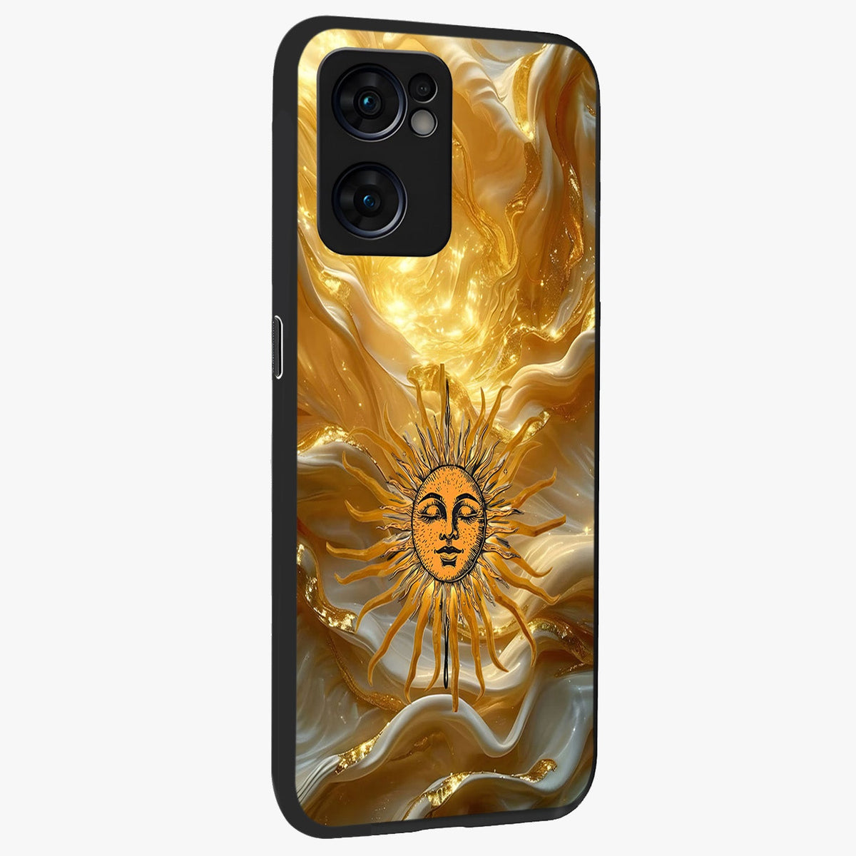 Eternal Golden Glow Glass Case upright view showcasing luminous golden artwork with luxurious visual theme.