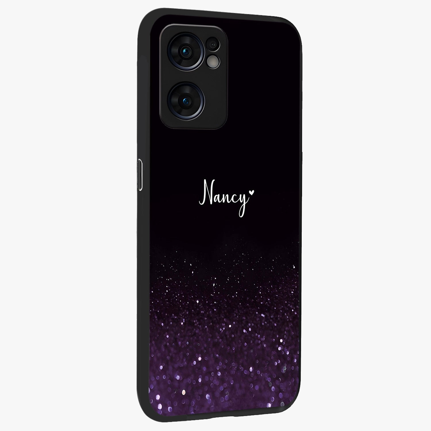 Glittery Purple Bokeh Custom Name Glass Case upright view showcasing vibrant purple sparkle artwork with personalized aesthetic style.