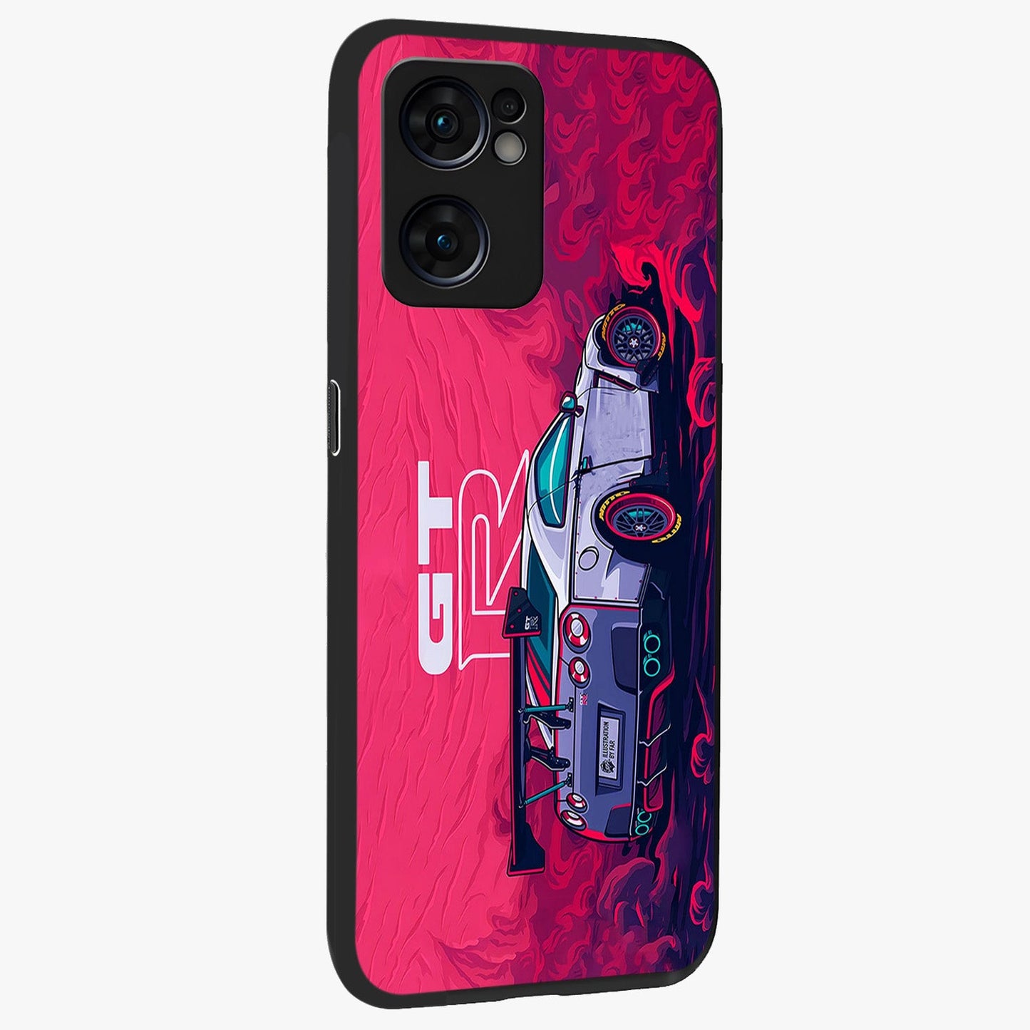 GT-R Car Pattern Glass Case upright view showcasing dynamic car pattern artwork with modern sports theme.
