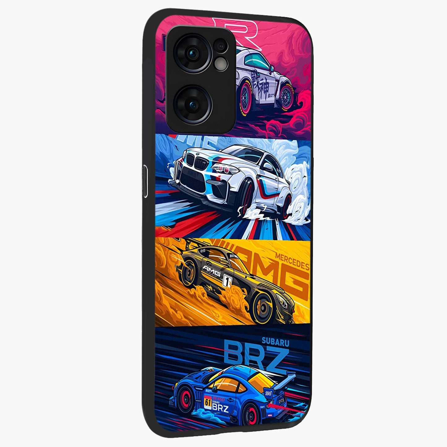 JDM Sports Car Glass Case upright view showcasing dynamic sports car artwork with bold racing theme.