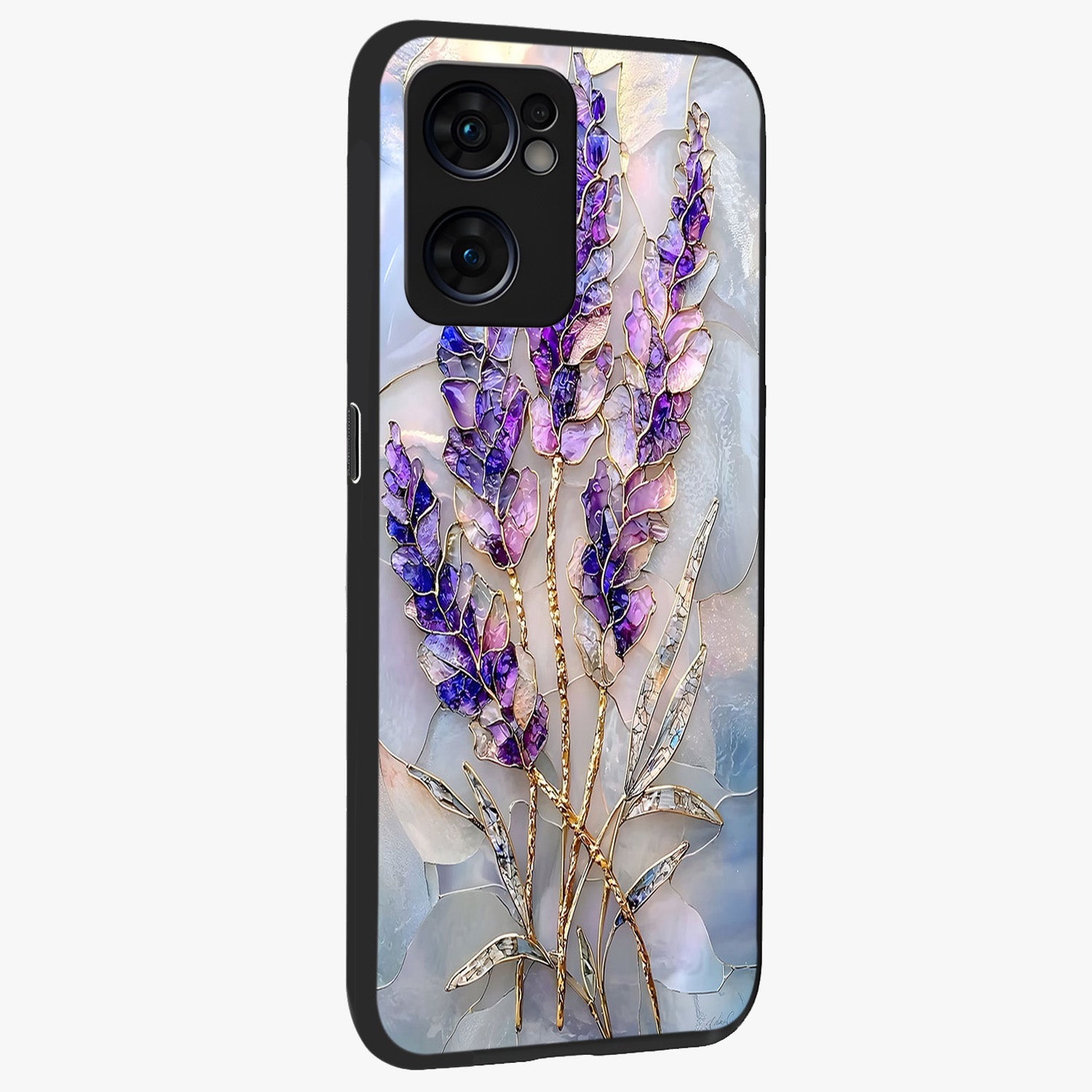 Lavender Dream Glow Glass Case upright view showcasing radiant lavender glow artwork with calming dreamy theme.