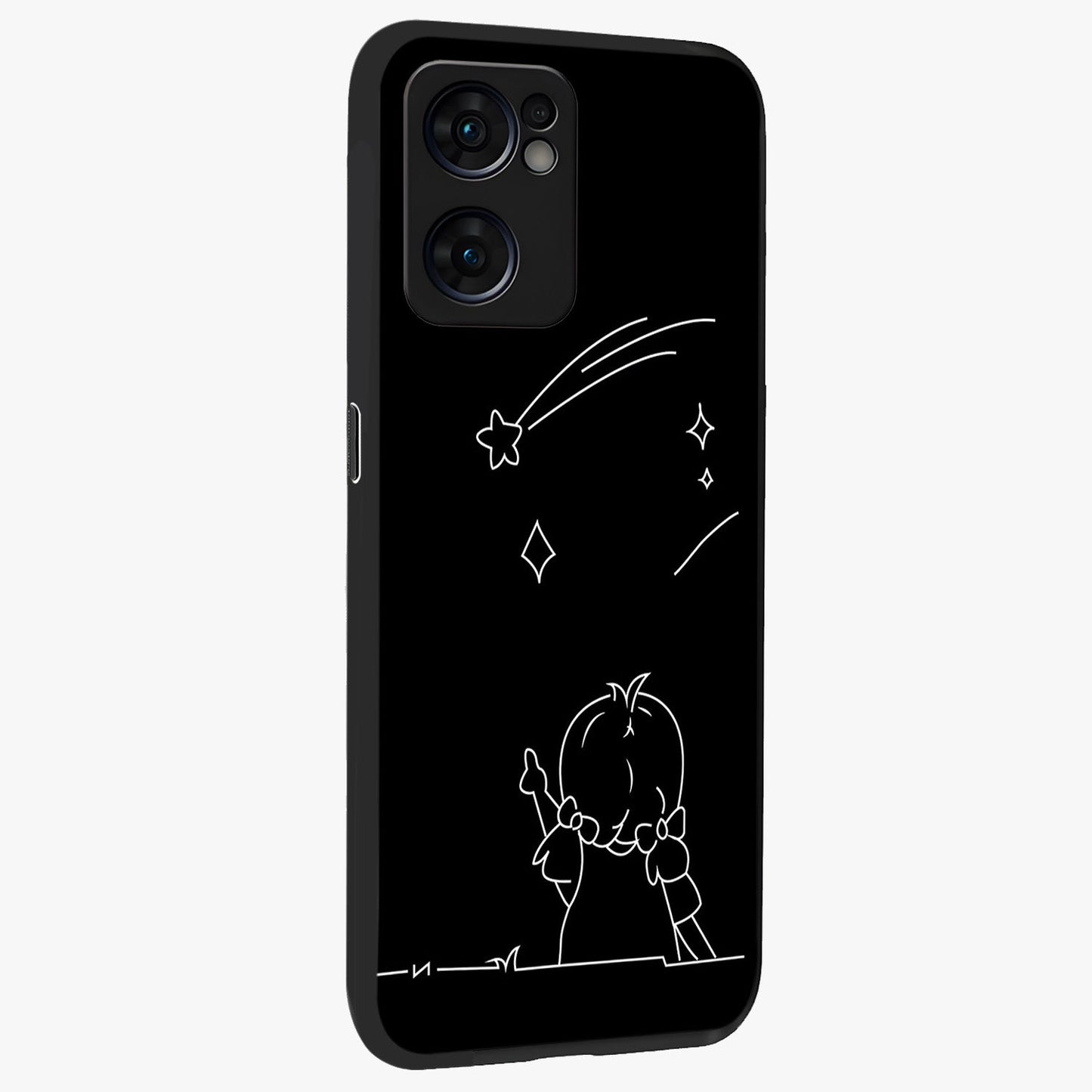 Line Art Girl With Shooting Stars Glass Case upright view showcasing delicate shooting stars artwork with minimal artistic theme.