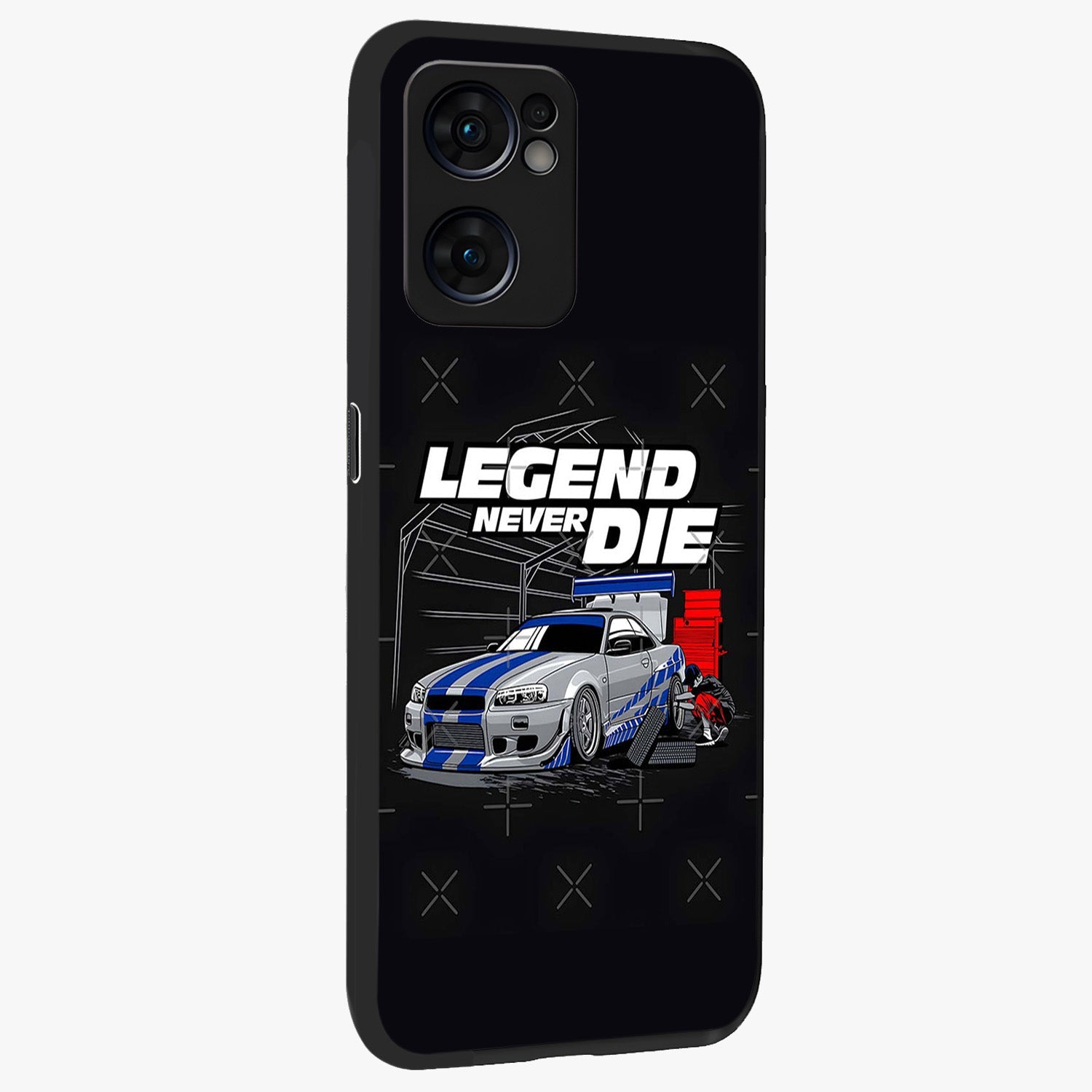Midnight Racing Legacy Glass Case upright view showcasing powerful racing artwork with modern sports theme.
