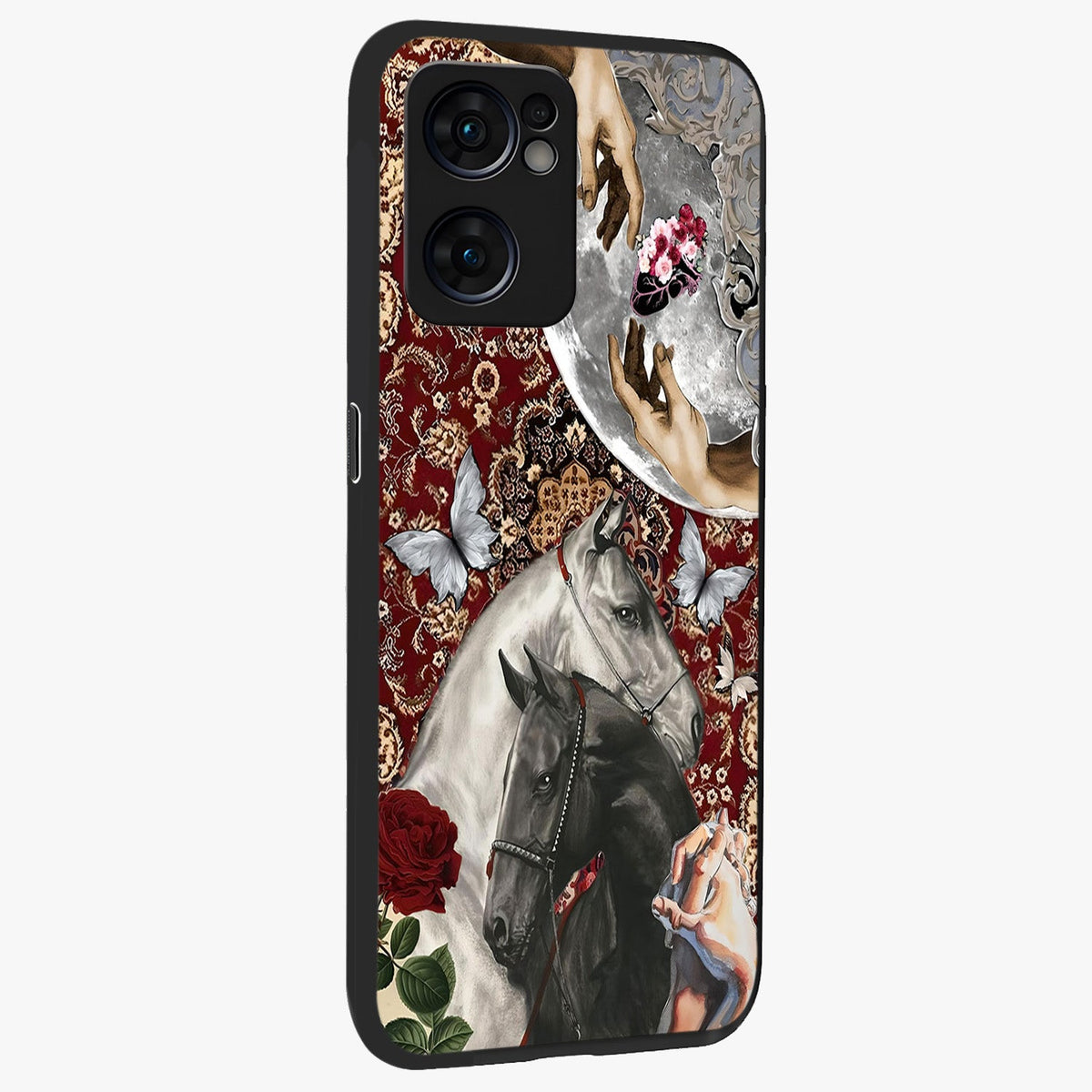 Moonlit Royal Stallion Glass Case upright view showcasing dramatic horse artwork with glowing moon themed design.