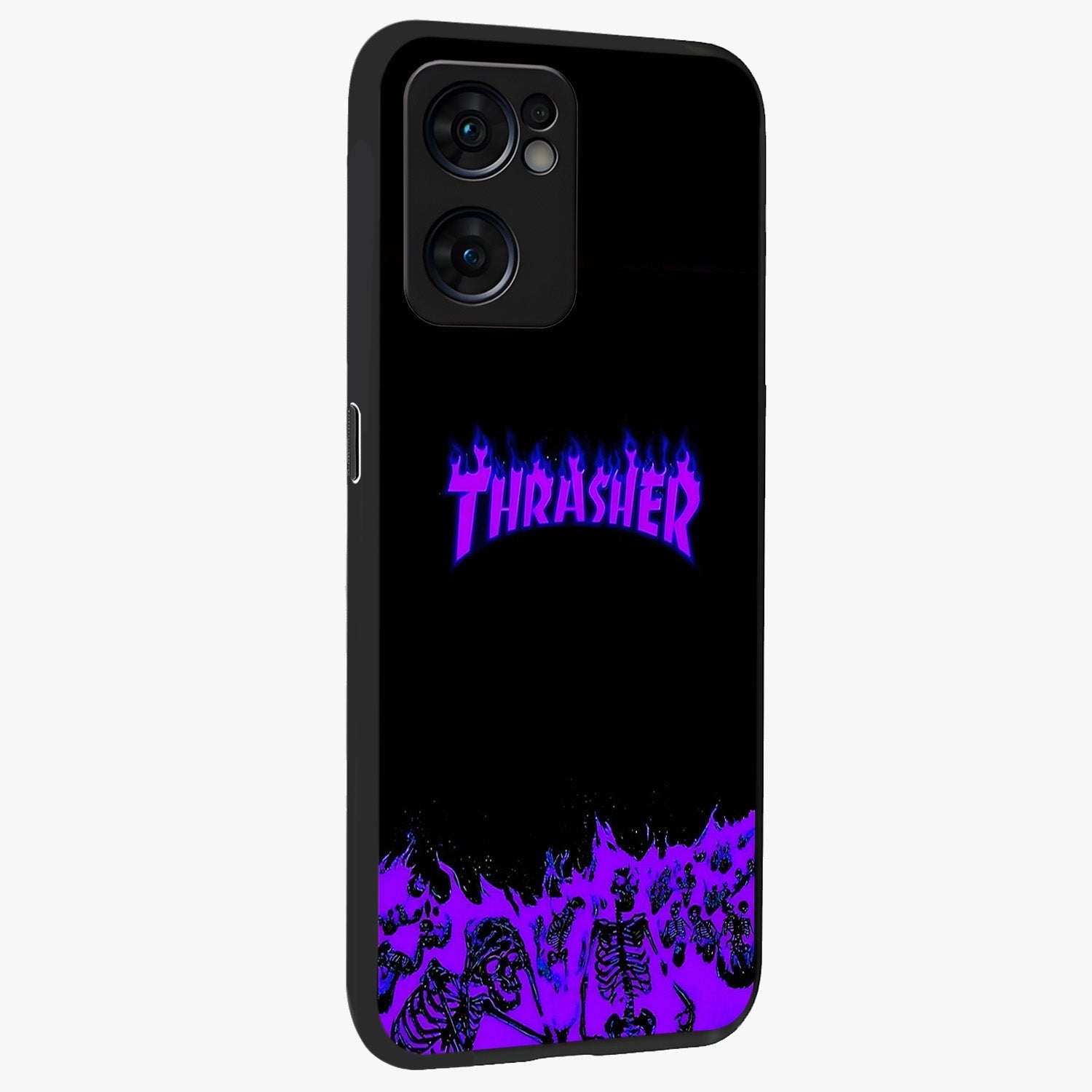 Neon Flame Riot Glass Case upright view showcasing dynamic flame artwork with energetic neon theme.