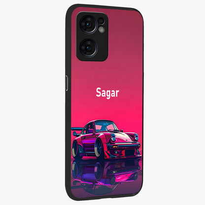 Neon Pink Porsche Glass Case upright view showcasing vibrant sports car artwork with bold automotive theme.