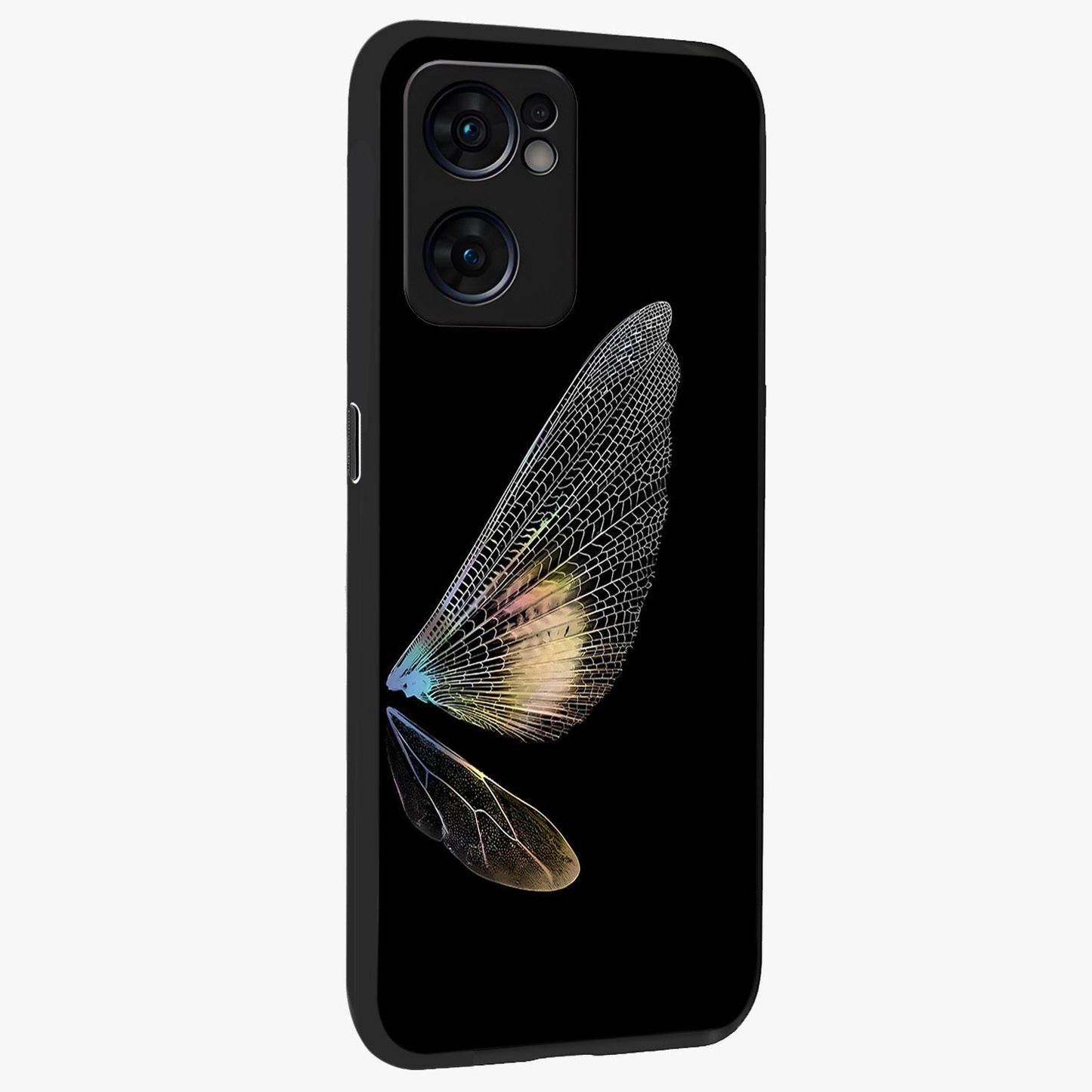 Whispers Of Wings Glass Case upright view showcasing elegant wing artwork with light airy theme.