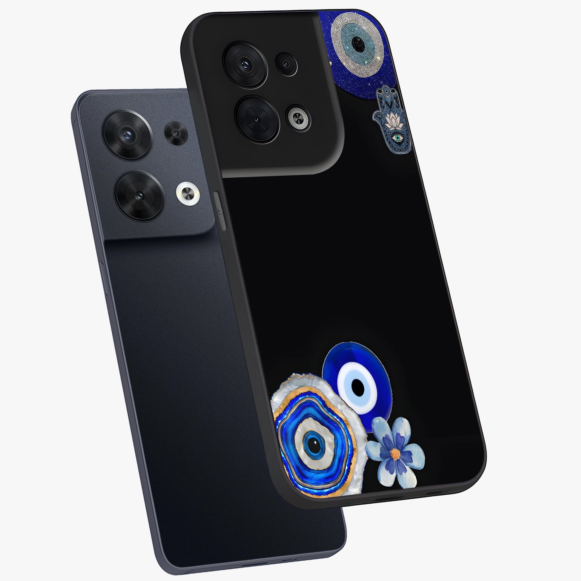 Aesthetic Blue Evil Eye Glass Case displayed in angled mockup highlighting blue evil eye symbol and spiritual aesthetic design.