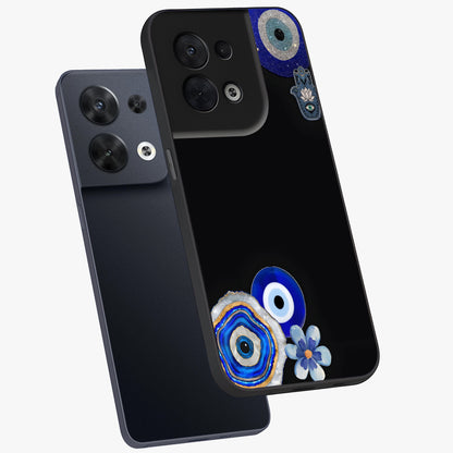 Aesthetic Blue Evil Eye Glass Case displayed in angled mockup highlighting blue evil eye symbol and spiritual aesthetic design.